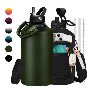 32/40/64/128oz Stainless Steel Insulated Water Bottle, Gallon Vacuum Flask Water Bottle - Big Water Jug with Straw & Spout Lid, Paracord Handle, Carrier Bag