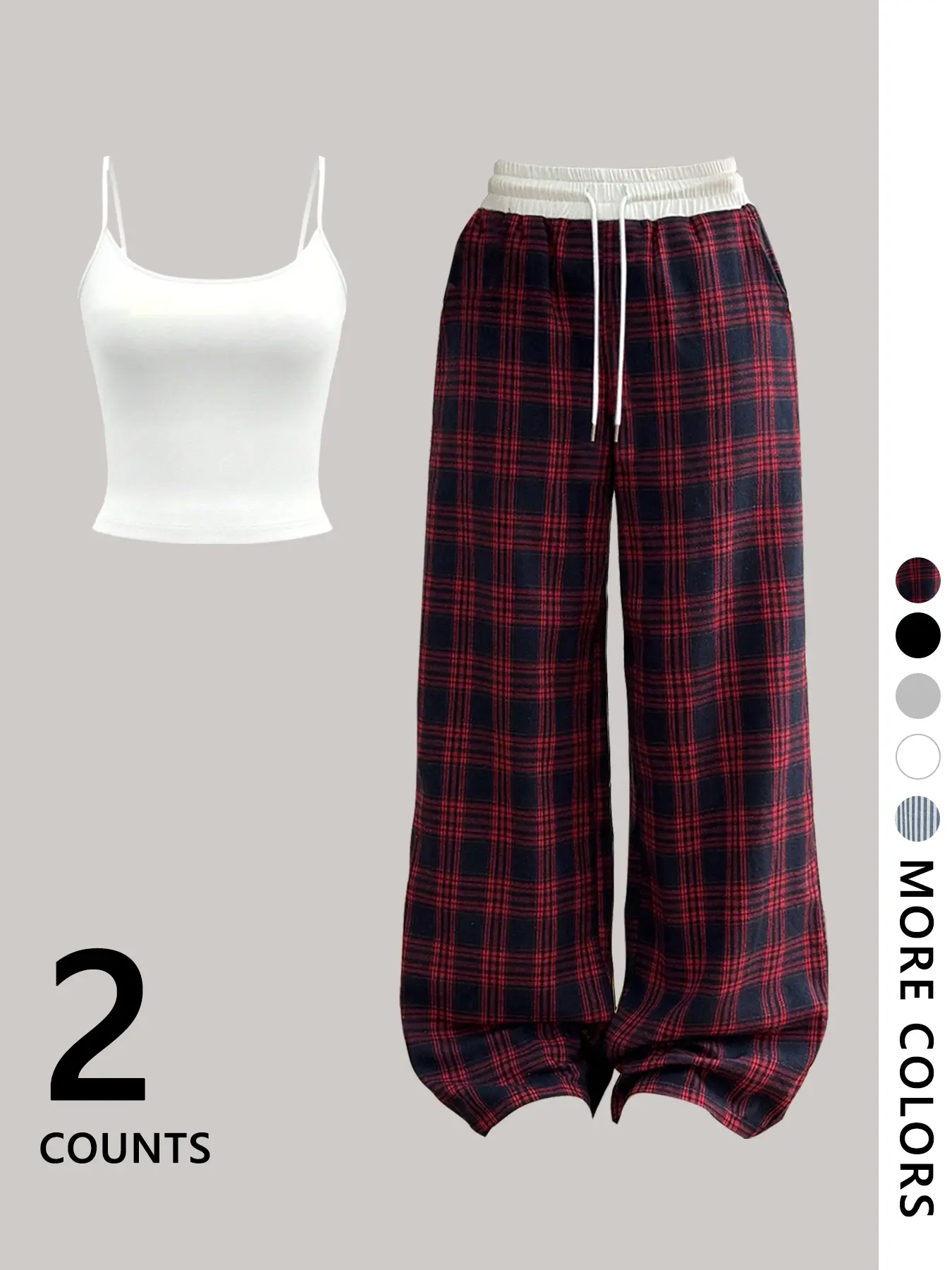 Two-Piece Set Women's Plain Knit Crop Tank Top & All Over Plaid Print Pants, Casual Streetwear Fashion Cozy for Daily Outdoor Wear, Ladies Clothes for All Seasons, Suits,Airport Outfit