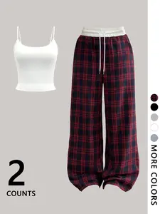 Two-Piece Set Women's Plain Crop Tank Top & All Over Plaid Print Pants, Casual Fashion Cozy for Daily Outdoor Wear, Ladies Clothes for All Seasons, Suits,Airport Outfit