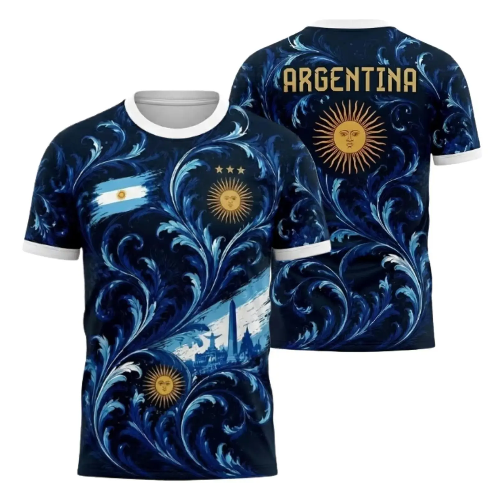 Argentina Inspired Navy Blue Soccer Jersey – Floral Graphic Football Fan Shirt, Unisex Short Sleeve Game Day Top