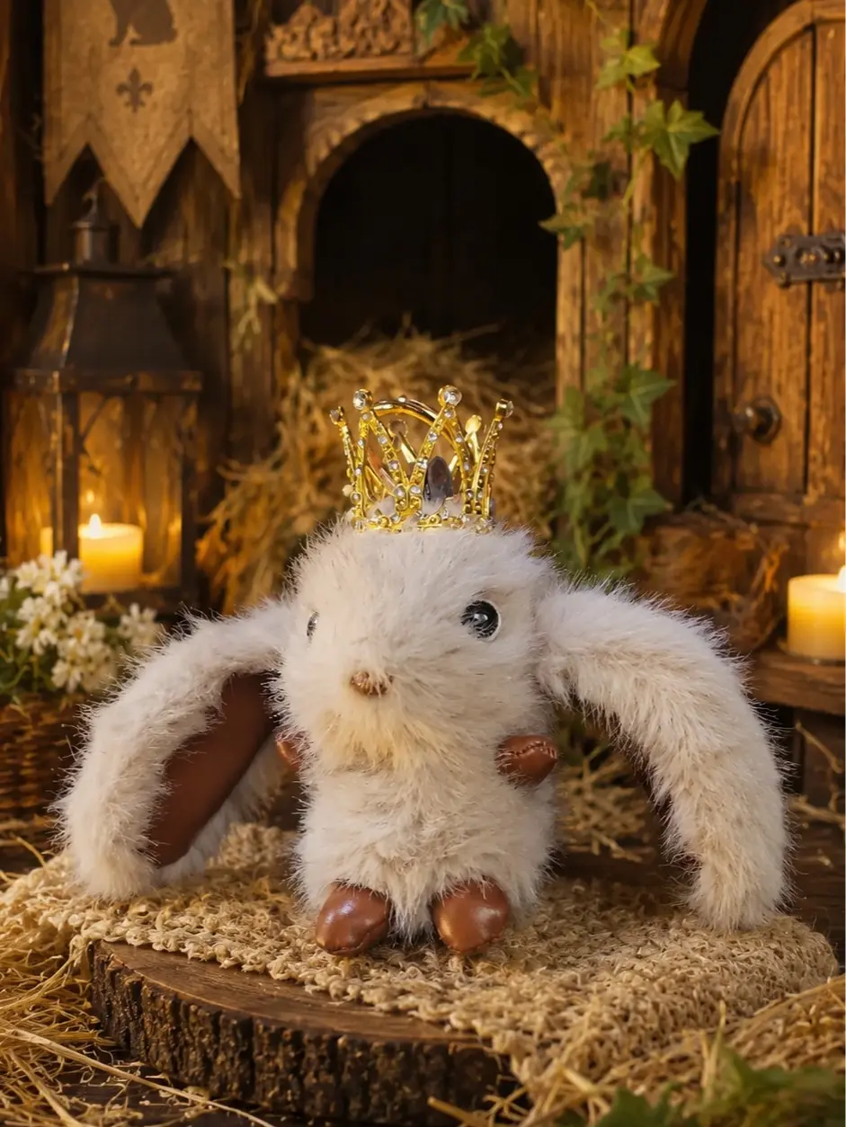 The Armored Kingdom Snugglehop Plush Bunny Keychain, Royal Bag Charm with Gold Crown for Adventurers, Includes Keychain Bottle Opener