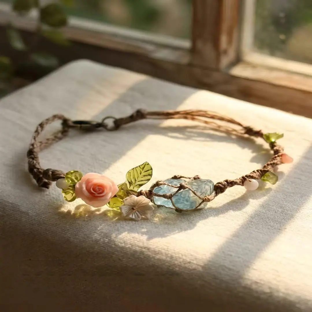 Whimsical Rose Flower Bracelet, Handmade Cottagecore Jewelry with Crystal Inspired Stone, Adjustable Braided Cord Gift for Women, Flowers, Womens Gifts, Gifts For Women