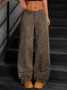 Women's Leopard Print High Waist Wide Leg Pants, Casual Loose-Fit Long Woven Fabric, Button Fly Closure, All Season Fashion
