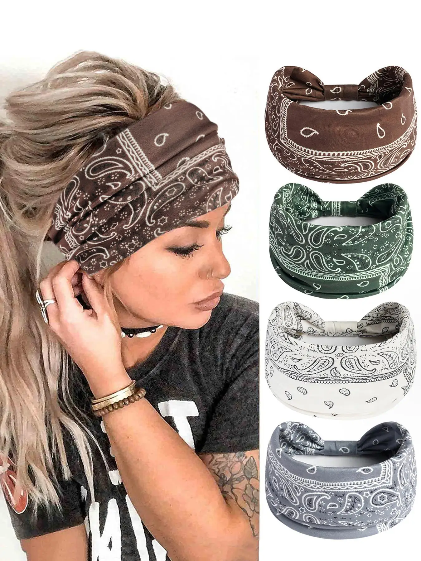 Paisley Print Sports Hair Band, Breathable Wide-brimmed Hair Band for Yoga Gym Workout Tennis Pickleball, 4 Counts Summer Back To School Sweat Absorbi
