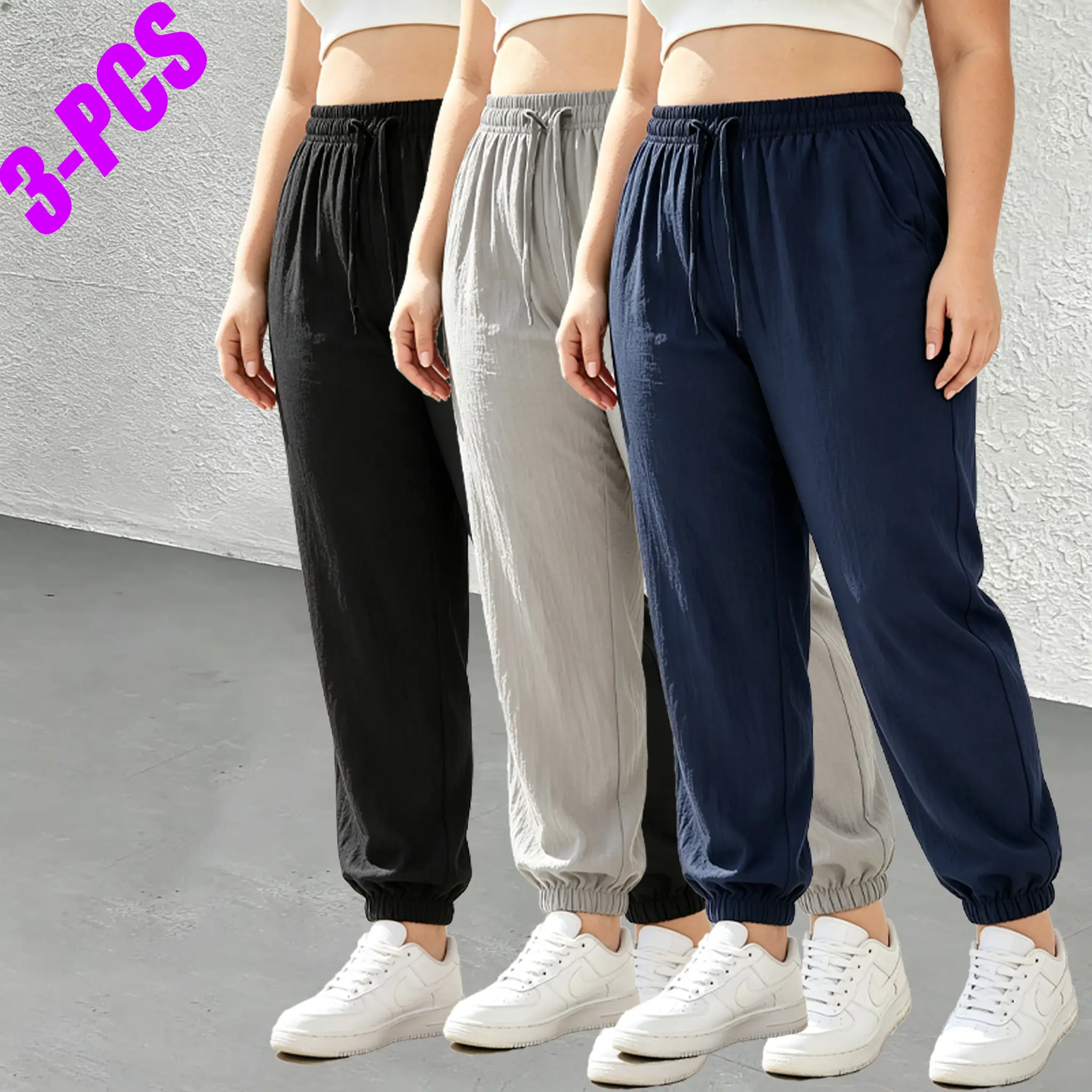 3-pack women’s high-waisted jogger pants with drawstring for fuller fit, made from breathable linen-like fabric with a crinkled feel; wrinkle-resistant and no ironing needed, featuring a soft drape that resists deformation—suitable for various occasions.