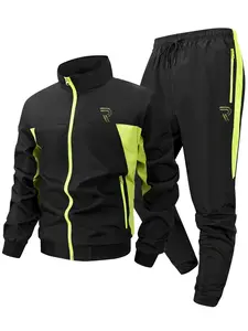 Graphic Print Colorblock Patchwork Tracksuit for Men, Spring & Fall Quick-Dry Breathable Sports Set, Activewear Set, Windproof Stand Collar Long Sleeve Jacket, Zip Up Coat, Drawstring Elastic Waist Pants with Zipper Pockets
