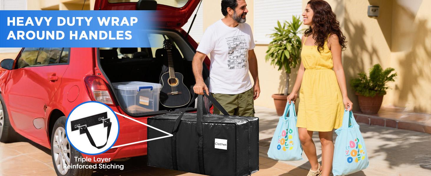 6 Pack Extra Heavy Duty Large Moving Bags with Strong Zipper & Comfortable Handles, Sturdy & Durable Clothes Storage Bags Totes Bins, Packing Moving Boxes for College Supplies, Black