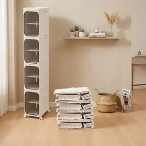 4 Tier Slim Storage Cabinet with Doors and Wheels, Narrow Tall Plastic Bathroom Organizer Shelf, Foldable Floor Standing Cabinet for Kitchen Pantry Laundry Room, Adjustable Stackable Slim Cabinet for Small Spaces, Toilet, RV, Garage, Bedroom