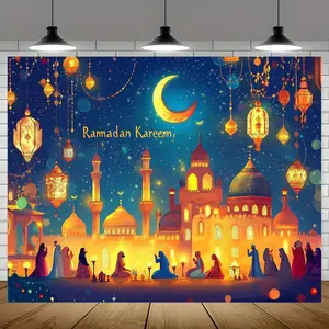 1pc Ramadan Kareem Party Banner - Vibrant Celestial Print Ramadan Scene with Lanterns & Moon, Durable Polyester Backdrop for Photo Studio, Wall Art, Large-Size Festive Textile Decoration