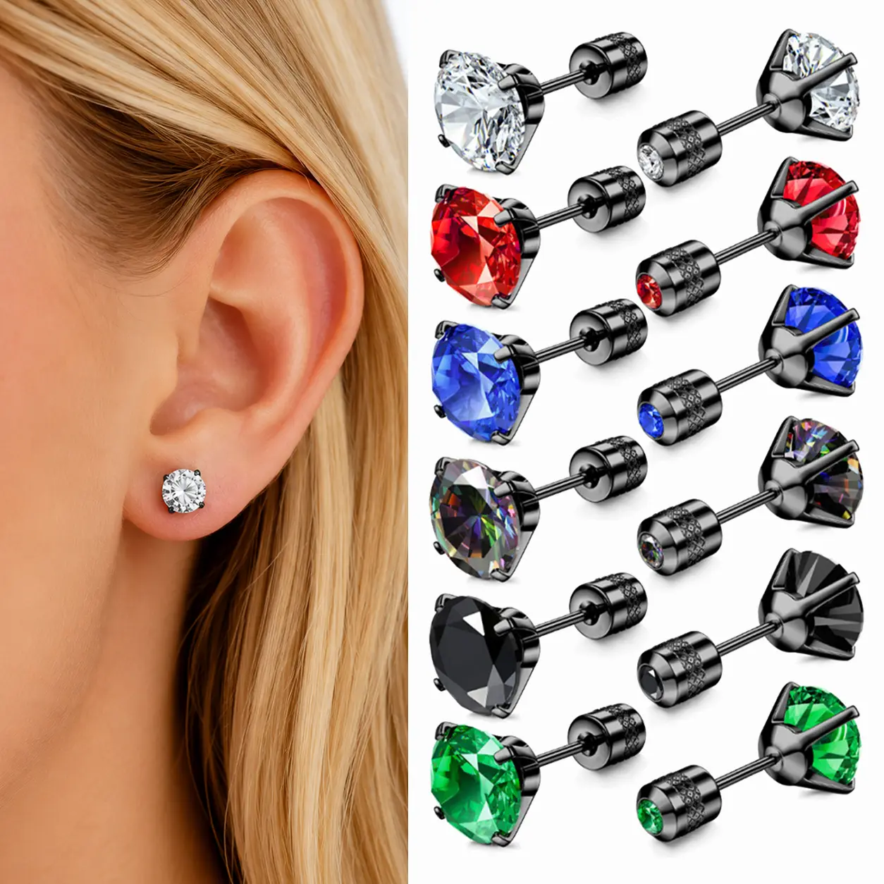 6-Pair Real Titanium Steel Reverse Threaded Metallic Stud Earrings for Men & Women, Surgical Stainless Steel, Hypoallergenic for Sensitive Ears, Cubic Zirconia, Casual Minimalist Style for Sleep & Daily Piercings