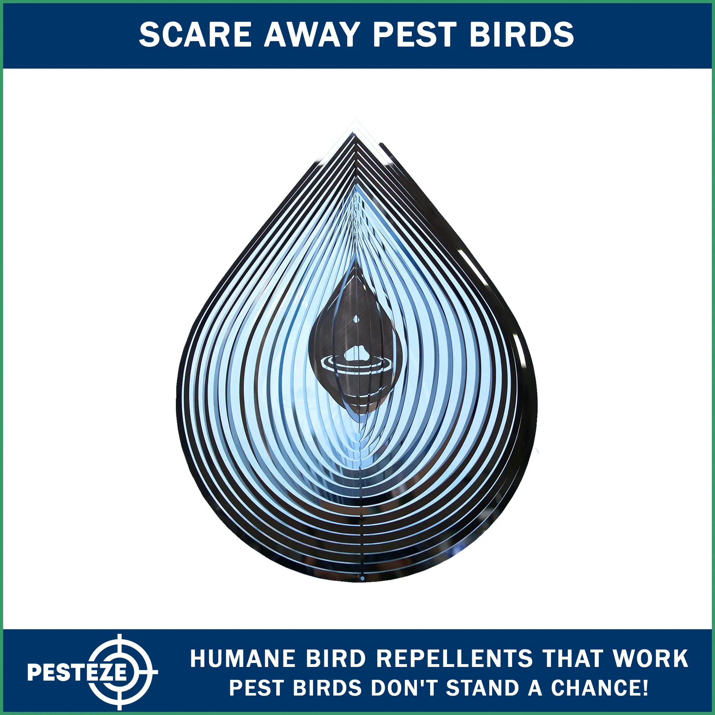 PESTEZE® USA Premium Large Water Droplet Stainless Steel Wind Spinner 9x15’’ Reflective 3D Outdoor Hanging Garden Decoration for Yard, Patio & Porch; Durable Shiny Metal Ornament Spins to Repel Birds