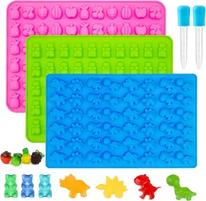 Gummy Candy Molds - Silicone Mini Gummy Bear/Dinosaur/Fruit Snack Molds with 2pcs Dropper,Non-stick and Bpa Free for Candy Chocolate Gummies Baking