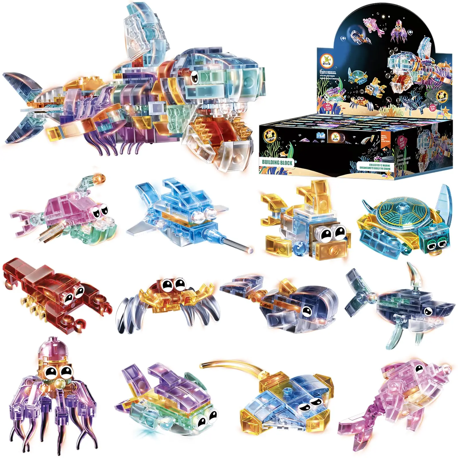 EFFUN 12-Box Bright Magnetic Marine Creature Building Block Model Sets - Cubes, Stacking Kits with Figures, 12-in-1 Boy Kid Toys for Boys, Mini Goodie Bags, Any Occasion Gifts (Choking Hazard Warning)