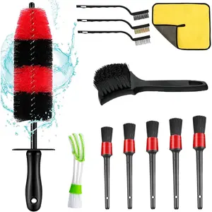 12 count  Wheel & Tire Brush Kit,Including 17inch Long Wheel Brush,Short Handle Tire Brush,5pcs Detailing Brushes Kit & 3 count Wire Brushes for Cleaning  Wheels & Interior Exterior