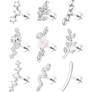 MILACOLATO 9Pcs Flat Back Cartilage Earrings for Women Trendy 16G Tragus Conch Helix Piercing Jewelry Stainless Steel Snake Star CZ Flat Back Stud Earrings Set