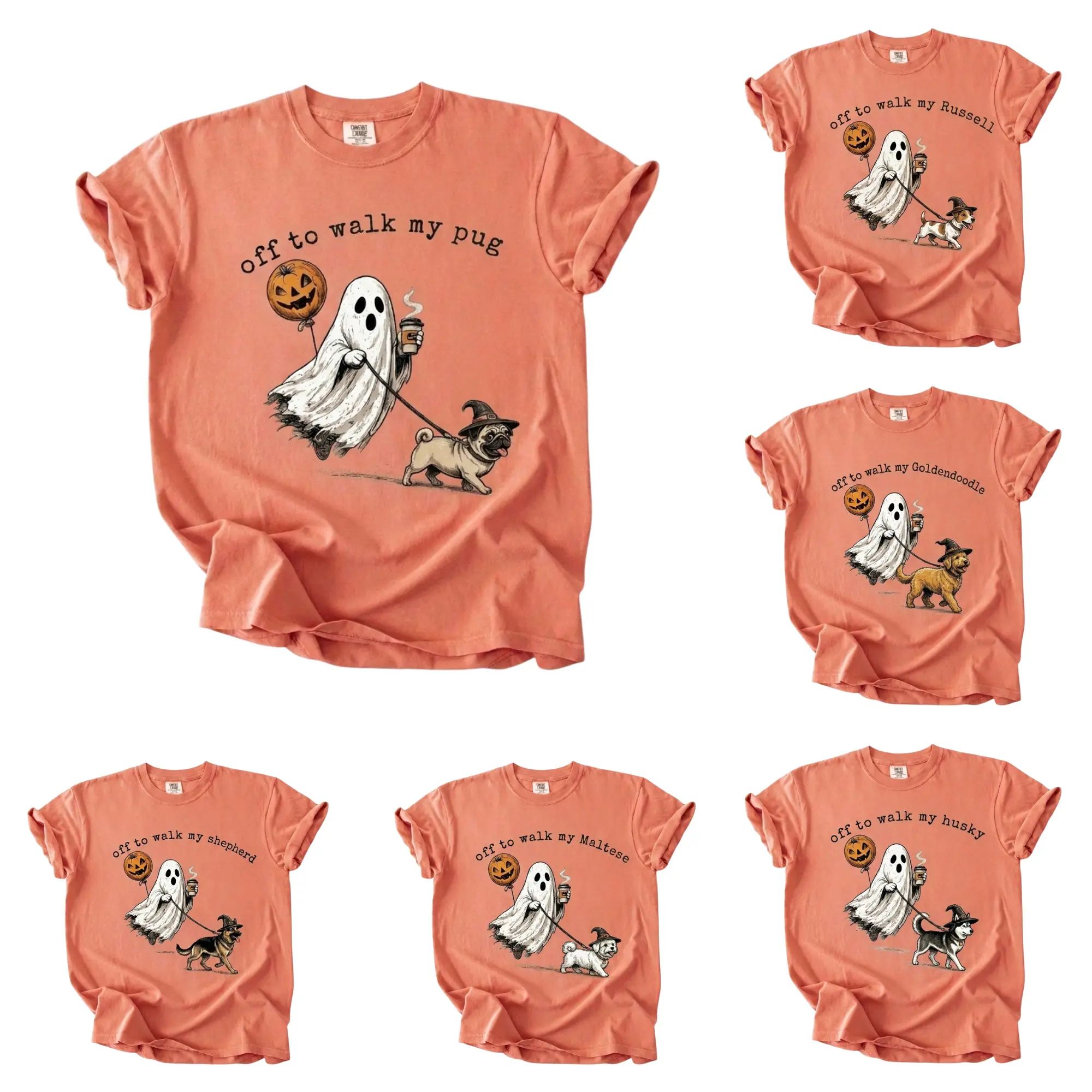 Comfort Colors Personalized 50+ Dog Breeds Halloween TERRACOTTA – Cute Ghost Walking Dog Coffee Pumpkin Graphic Unisex Shirt