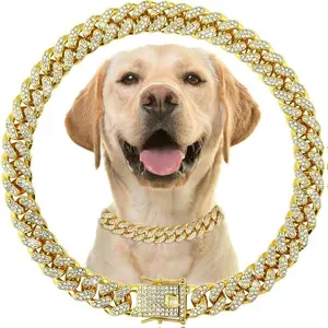 Gold Dog Chain Collars with Rhinestone，Sparkly Diamond Metal Cuban Link Dog Collars, Bling Glitter Dog Necklace for Small Medium Large Pet Dogs Cats