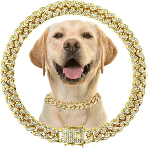 Gold-16'' (Max Neck 15) Bling Diamond Crystal Rhinestone Cuban Link Dog Collar - Durable, Lightweight, Portable, Elegant Pet Neck Accessory, Non-Adjustable, Birthday/Christmas Gift for Small, Medium, Large Dogs