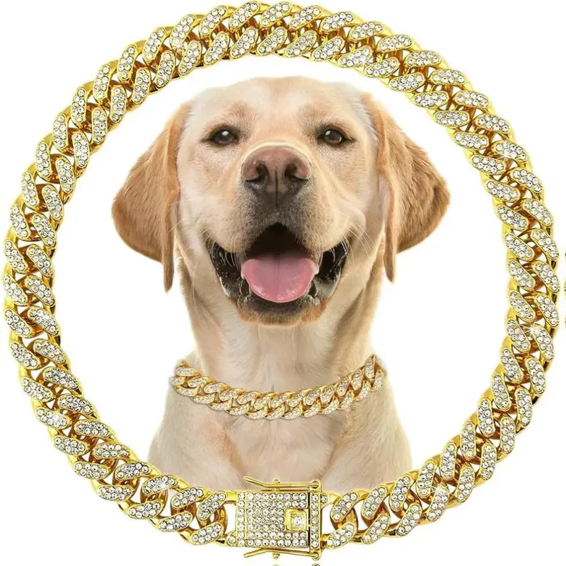 Gold-16'' (Max Neck 15) Bling Diamond Crystal Rhinestone Cuban Link Dog Collar - Durable, Lightweight, Portable, Elegant Pet Neck Accessory, Non-Adjustable, Birthday/Christmas Gift for Small, Medium, Large Dogs