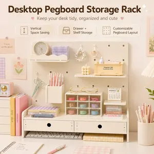 Hole board desktop vertical board card storage and display rack, layered partition, dormitory punch-free shelf, desktop storage, Office desk accessories, Office Organizer, Desk Organizers, including 2 drawers, 3 hooks