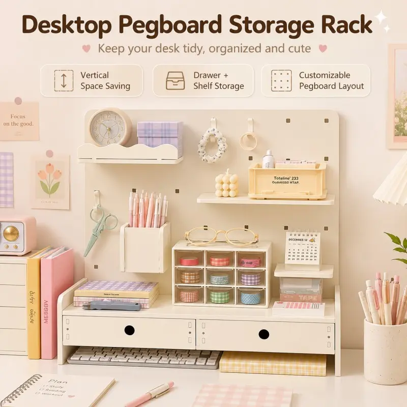 Hole board desktop vertical board card storage and display rack, layered partition, dormitory punch-free shelf, desktop storage, Office desk accessories, Office Organizer, Desk Organizers, Desk Top Organizing, including 2 drawers, 3 hooks