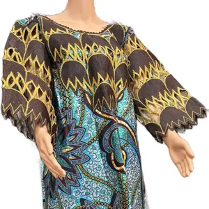 African Print Kaftan Dress with Fringe Sleeves and Unique Gold Accents for Women