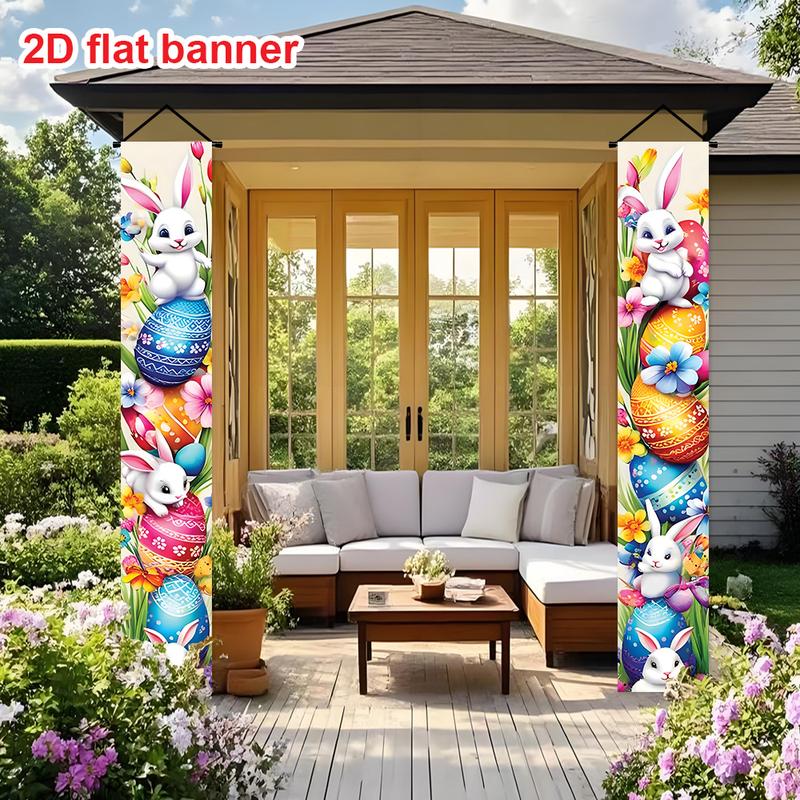 1 pair of Easter Happy Porch Banner set, 11.8x70.8 inches, featuring Happy rabbit and Easter egg designs, Easter and spring door decorations, suitable for both indoor and outdoor use, perfect for front porch, terrace, and garage