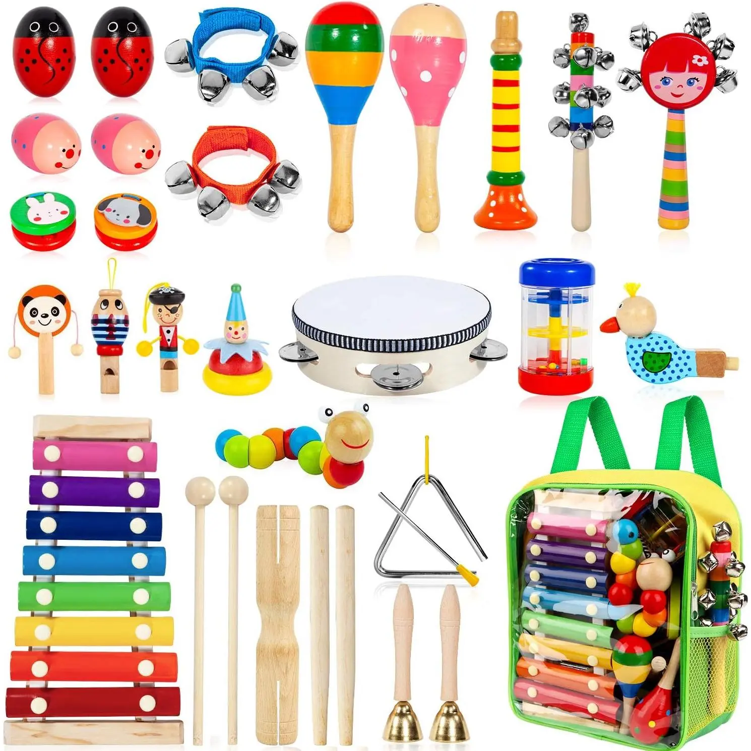 Wooden Children's Percussion Instrument Set - 33 Pieces of 18 Types (Including Tambourines, Xylophones) for Early Learning, Indoor Play, Children Development, Girl-Friendly Early Childhood Education
