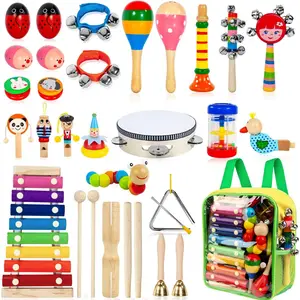 Children's musical instruments, 33 pieces of 18 types of wooden percussion instruments, including tambourines, xylophones, and other toys, suitable for early childhood education and learning, suitable for boys and girls
