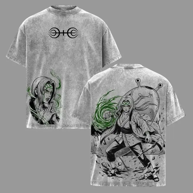Men's Short-Sleeve Tsunade Senju Naruto Vintage Washed Oversized Graphic Tee - Heavyweight Cotton Unisex Top, Anime Streetwear Gift for Anime Fans, Shortsleeve
