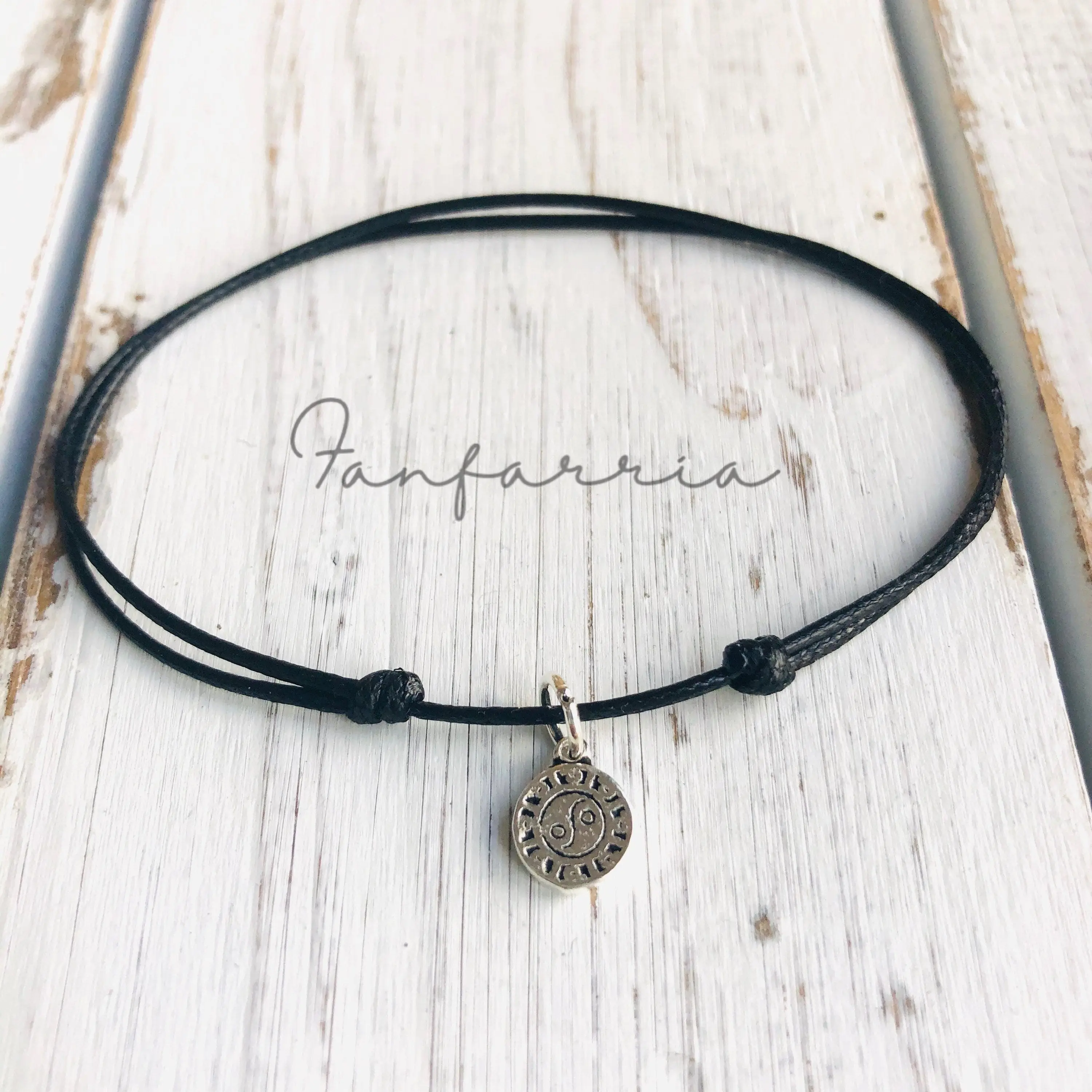 Yin Yang Solid Sterling Silver Anklet, Black Waterproof Cord, Adjustable