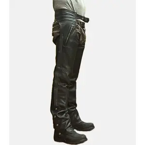 Men's Stylish Black Leather Chaps with Zipper Pockets