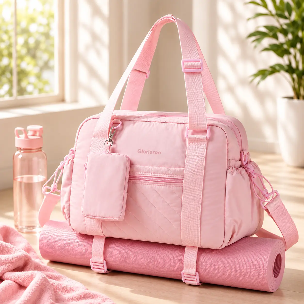Small Gym Bag for Women, Quilted Puffer Duffel with Yoga Mat Straps, Wet Pocket & Coin Purse, Lightweight Workout Bag for Yoga, Pilates & Travel