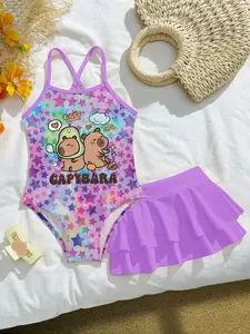 Girls' Cute Cartoon Capybara and Star Sparkle Swim Set, Soft Comfortable Fabric, Perfect for Beach Vacation, 2-Piece