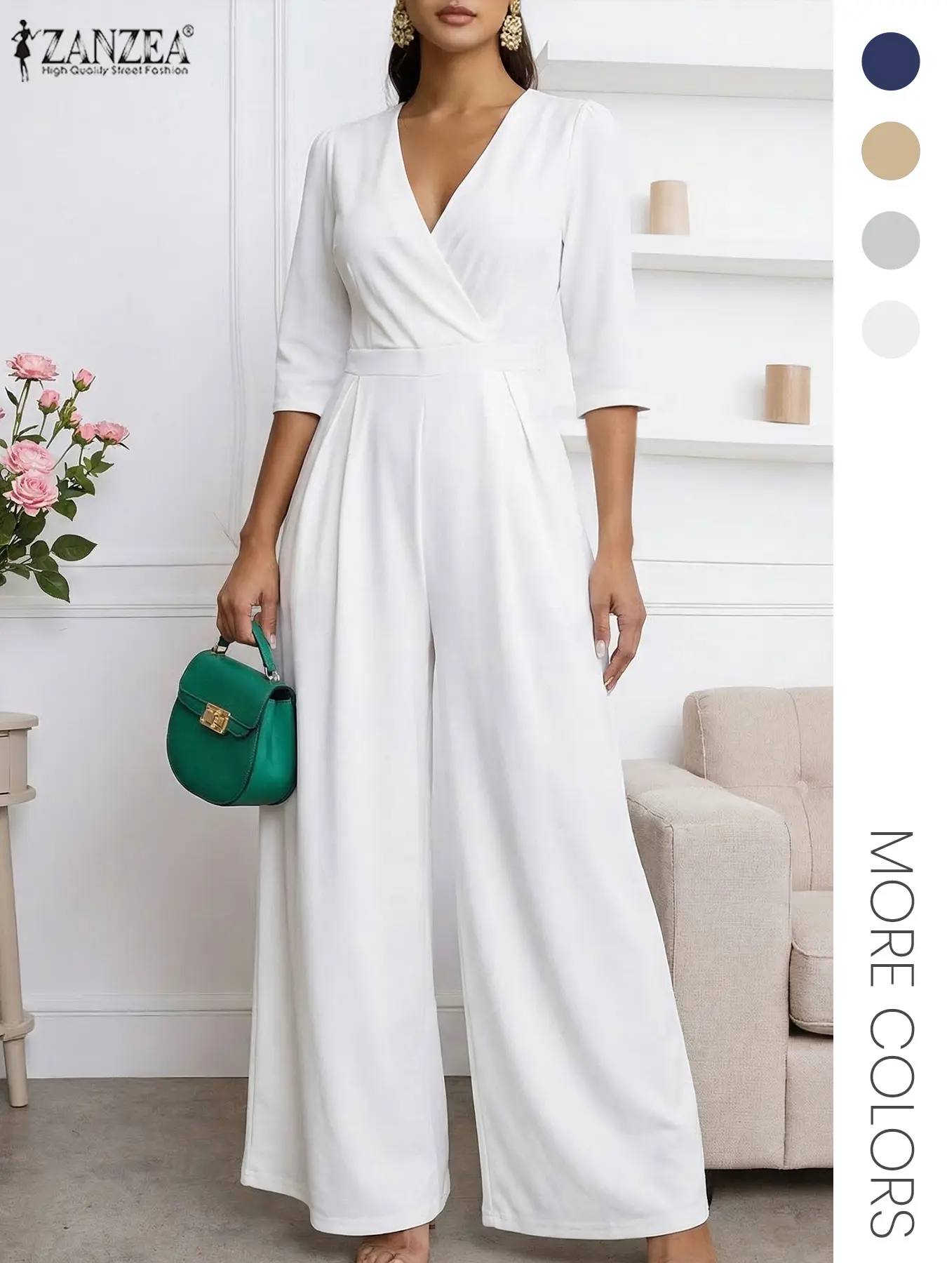 Women's Casual Chic Elegant Loose Ruched Jumpsuit, V Neck Seven-Quarter Sleeves, Pockets, Ruched Wide Leg Long Pants with Zipper, Perfect for Daily Everyday Womenswear
