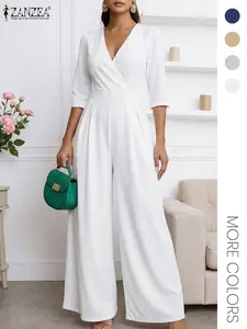 Women's Casual Jumpsuit, V Neck Seven-Quarter Sleeves, Pockets, Ruched Wide Leg Long Pants with Zipper, Perfect for Daily