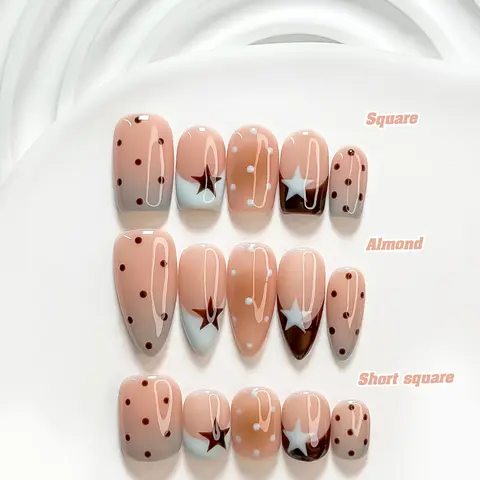 CuraTique Summer Collection | Nude Brown Star | 10PCS Handmade Press On Nails REUSABLE 3D Gel Spring 2026 / Light Luxury、Lovely、Gorgeous