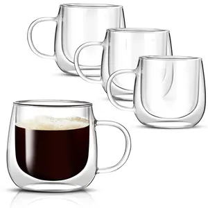 12oz Double Walled Glass Coffee Mugs Set of 4, insulated glass coffee cups, coffee mugs with handle, clear coffee cups for Espresso, Cappuccino, Latte, Americano, Tea,12oz (4 Pack)
