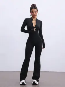 Women's Fall Solid Color Long Sleeve Jumpsuit, Slimming Tummy Control Zip Design, Comfortable One-Piece for Autumn