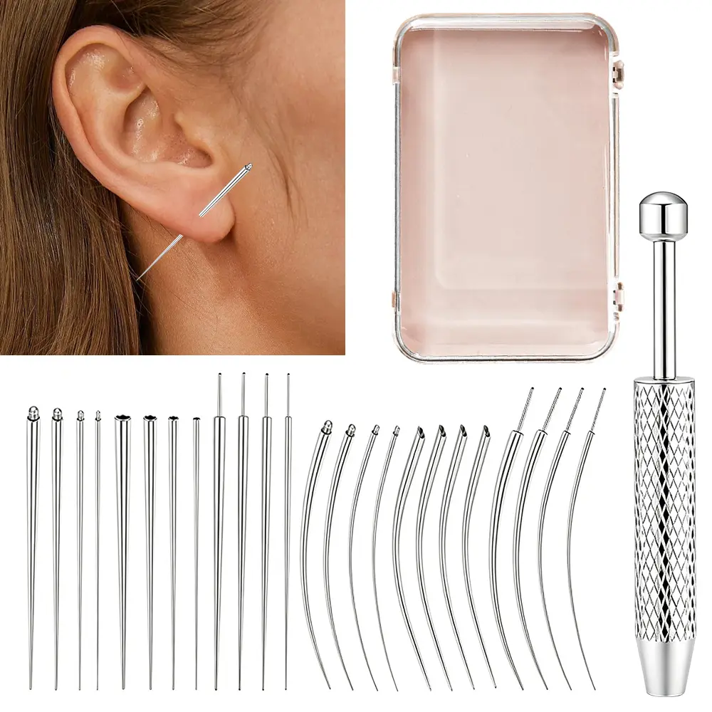 25 piece stainless steel earring insertion helper tool set, including guide needle, grasping tool, and storage box, suitable for ear studs, lip studs, nose studs, used for daily earring matching and quick wearing