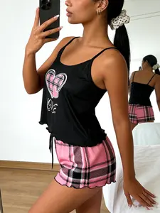 Base Plaid Heart Love Print Pajama Set, Sleeveless Slim-Fit Sleepwear, Breathable Home Wear, Sweet Cool Girl Style