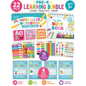 Hadley Designs Homeschool Preschool Bundle for Ages 3-7 - 16 Educational Posters, Busy Book, ABC Tracing & Grooved Handwriting Set