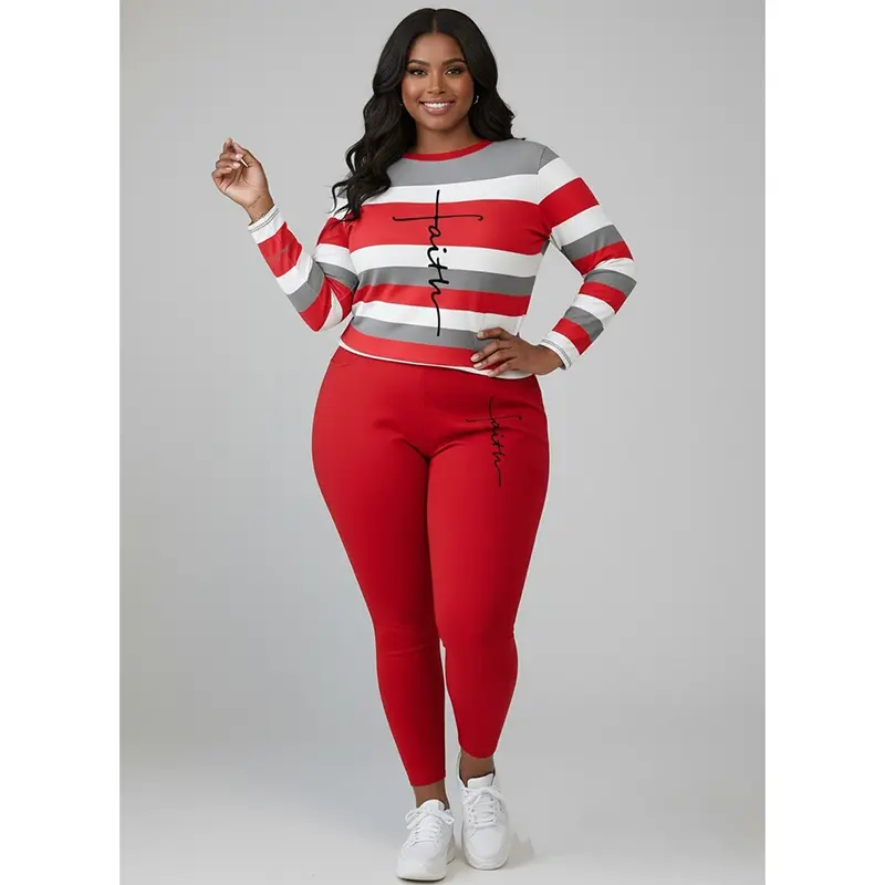 Women's 2-Piece Striped Sporty Sports Clothing Set - Faith Print Long Sleeve Top & Full Length Pants, Breathable All-Seasons Nylon Tech Track Suit, Paired Striped Workout Set for Casual Loungewear, Tech Track Suit Women's Tracksuit Set, Paired Women's Tra