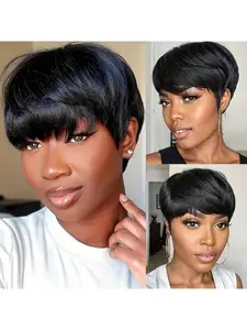Human Hair Short Wigs Pixie Cut Wigs with Bangs Short Black Layered Wigs for Women 1B Color Summer Wig Glueless Full Machine Made 6 inch,Daily Use & Special Occasions and Natural Look