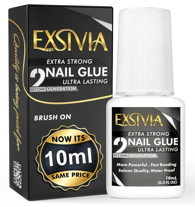 Super Strong Nail Glue for Press On Nails, Acrylic Nails & Nail Tips (10ml) Exsivia 2nd Gen NailBond for Fake Nails, Extra Strength,Long Lasting, Brush on Adhesive, No Dehydrator or Primer Needed