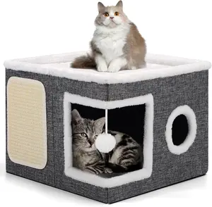 Beds for Indoor Cats, Large  Cave with Cozy Condo, Fluffy Hanging Ball, Round Window, Foldable Indoor  House Hold Up to 30LBS,  Hideaway with Double-Sided Soft Cushions for All Seasons