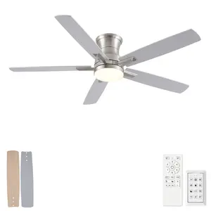 52 Inch Flush Mount Ceiling Fan, Dual-Sided Silver Wood Grain Plywood Blades, 24W 3CCT Dimmable LED Light, Quiet 65% Energy Saving DC Motor, 6-Speed Reversible, Multi-Timer Remote Control, All Season Indoor Covered Patio Home Fan