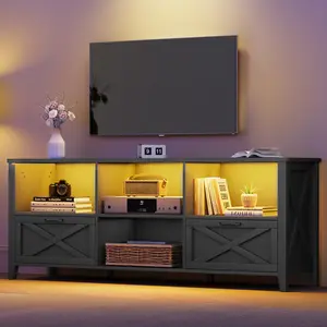 YITAHOME Farmhouse TV Stand Black 70", LED Light Media Console for TVs up to 80", Entertainment Center with Storage Cabinets & Adjustable Partition for Living Room