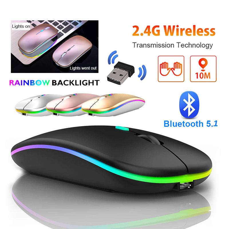 Bluetooth Mouse 2.4Ghz Wireless Mouse Mice Rechargeable Mouse Silent Mouse LED Backlit USB Gaming Mouse 1600DPI for PC Laptop