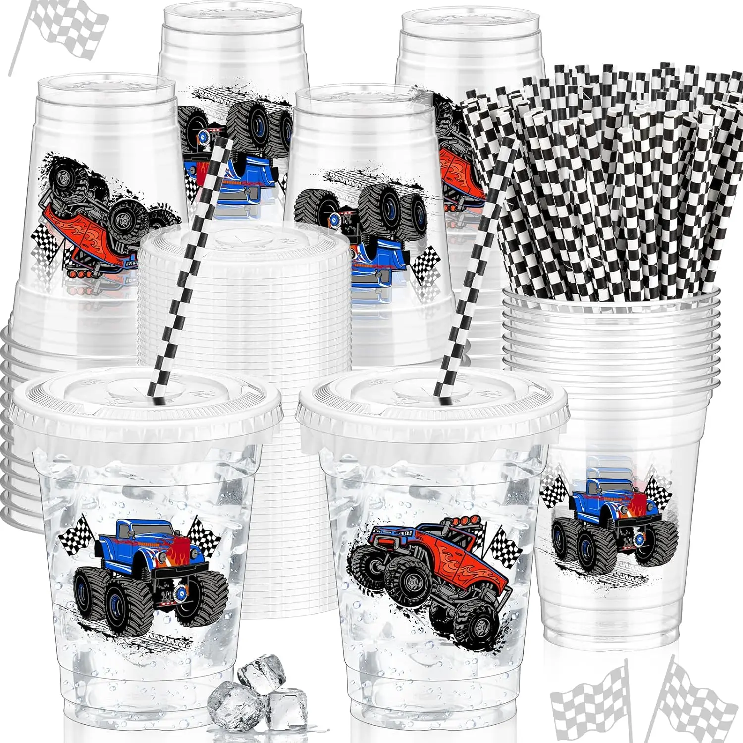 Halloween fall Gift 50 Pcs 12 oz Disposable Plastic Cups with Straws, Lids and Leakproof Paper Clear Birthday Party Cups Supplies Birthday Table Decorations(Monster Truck,Black, White)